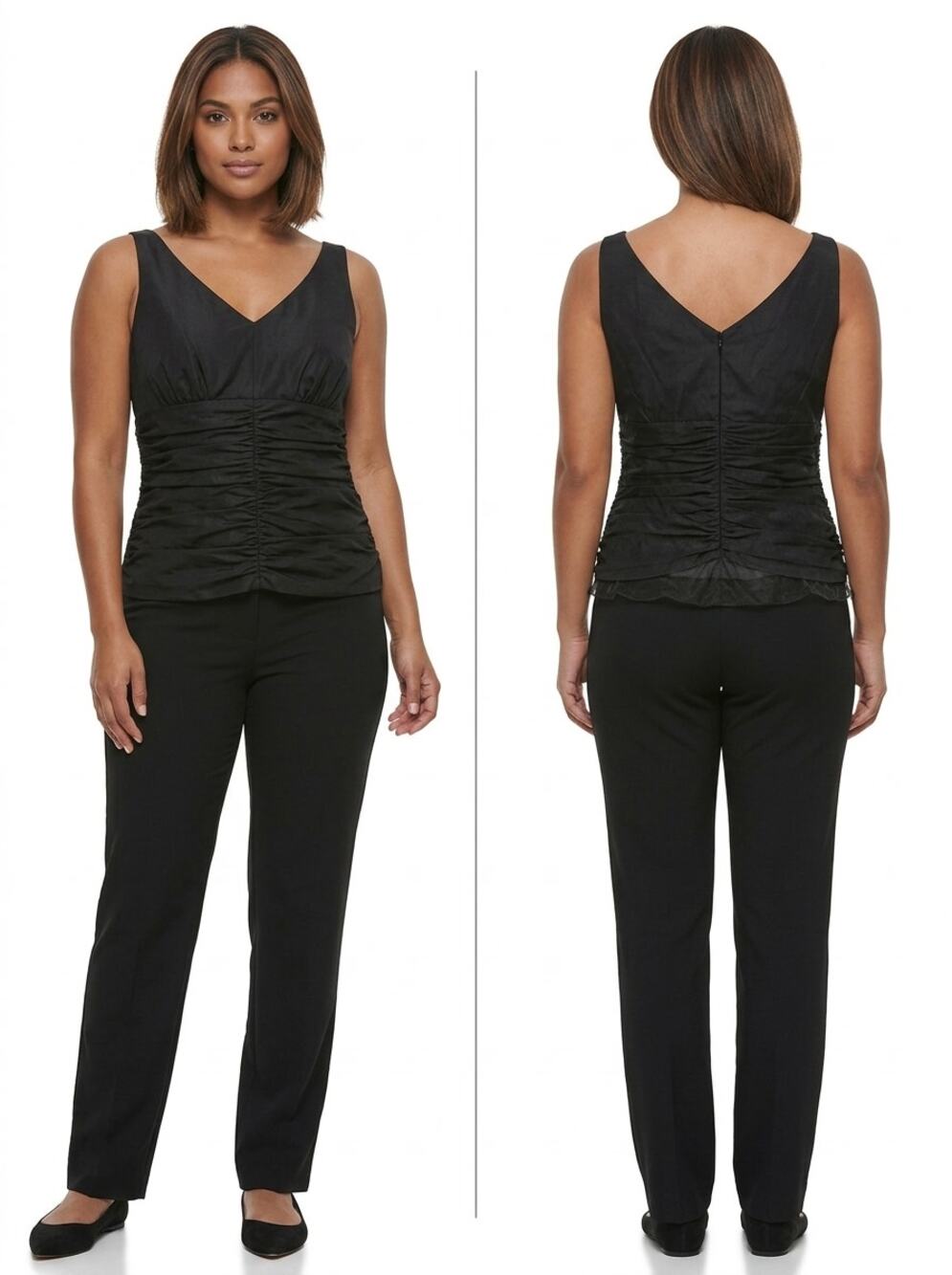 Watters & Watters Black Ruched V-Neck Sleeveless Sheer Hem Top Women Size 4